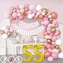 55th Birthday Decoration Items for Pink and White Theme Combination for Girls| 50 Pcs Pink White Gold Rose Gold Balloon| White Birthday Banner| Balloon Pump| Arch Tape| Glue Dots