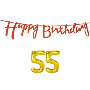 55th happy birthday decoration kit orange for 55 year old women adults with number fifty-five decorations decor celebration items item set combo reusable cursive banner