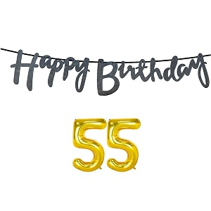 55th happy birthday decoration kit black for 55 year old women adults with number fifty-five decorations decor celebration items item set combo reusable cursive banner