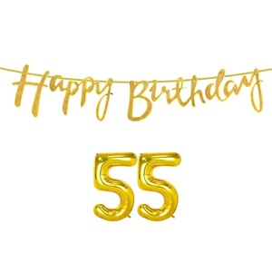 55th happy birthday decoration kit golden for 55 year old women adults with number fifty-five decorations decor celebration items item set combo reusable cursive banner