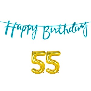 55th happy birthday decoration kit blue for 55 year old women adults with number fifty-five decorations decor celebration items item set combo reusable cursive banner