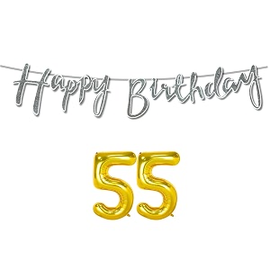 55th happy birthday decoration kit silver for 55 year old women with number fifty-five decorations decor celebration items item set combo reusable cursive banner