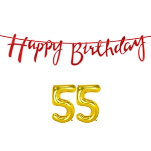55th happy birthday decoration kit red for 55 year old women with number fifty-five decorations decor celebration items item set combo reusable cursive banner