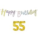 55th Happy Birthday Decoration Kit Multicolour for 55 Year Old Women Multicolor with Number Fifty-five Decorations Decor Items Item Set Combo Reusable Cursive Banner