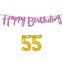 55th Happy Birthday Decoration Kit Dark Pink for 55 Year Old Women with Number Fifty-five Decorations Decor Celebration Items Item Set Combo Reusable Cursive Banner