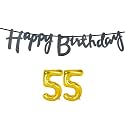 55th Happy Birthday Decoration Kit Black for 55 Year Old Women Adults with Number Fifty-five Decorations Decor Celebration Items Item Set Combo Reusable Cursive Banner
