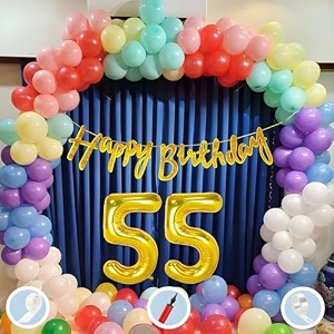 55th multicolour birthday decoration items for boys girls kids mens women  60 pcs mix color balloons  gold cursive glitter birthday banner  balloon pump  arch tape  glue dots