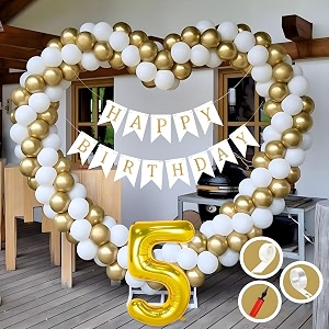 5th birthday decoration items for golden and white theme combination for boys girls  50 pcs gold white balloon  white birthday banner  balloon pump  arch tape  glue dots