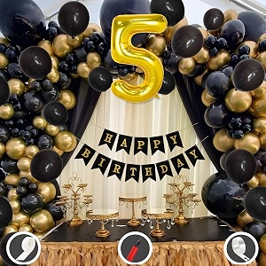 5th birthday decoration items for black and gold theme combination for boys girls  50 pcs black gold balloon  black birthday banner  balloon pump  arch tape  glue dots