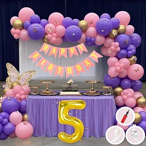 5th birthday decoration items for pink and purple theme combination for girls princes  50 pcs pink purple gold balloon  pink birthday banner  balloon pump  arch tape  glue dots