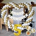 5th Birthday Decoration Items for Golden and White Theme Combination for Boys Girls | 50 Pcs Gold White Balloon | White Birthday Banner | Balloon Pump | Arch Tape | Glue Dots