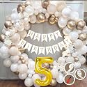 5th Birthday Decoration Items for White and Gold Theme Combination for Boys Girls | 50 Pc Golden White Orange Balloon | White Birthday Banner | Balloon Pump | Arch Tape | Glue Dots