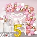 5th Birthday Decoration Items for Pink and White Theme Combination for Girls| 50 Pcs Pink White Gold Rose Gold Balloon| White Birthday Banner| Balloon Pump| Arch Tape| Glue Dots