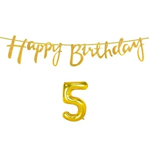 5th happy birthday decoration kit golden for 5 year old boys girls baby with number five decorations decor celebration items item set combo reusable cursive banner
