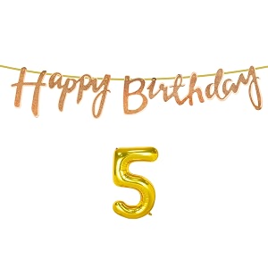 5th happy birthday decoration kit rose gold for 5 year old boys girls baby with number five decorations decor celebration items item set combo reusable cursive banner