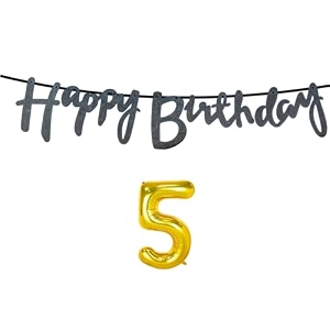 5th happy birthday decoration kit black for 5 year old boys girls baby with number five decorations decor celebration items item set combo reusable cursive banner
