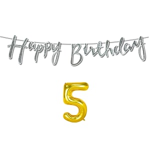 5th happy birthday decoration kit silver for 5 year old boys girls baby with number five decorations decor celebration items item set combo reusable cursive banner