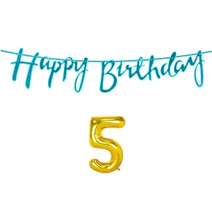 5th happy birthday decoration kit blue for 5 year old boys girls baby with number five decorations decor celebration items item set combo reusable cursive banner