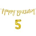 5th Happy Birthday Decoration Kit Golden for 5 Year Old Boys Girls Baby with Number Five Decorations Decor Celebration Items Item Set Combo Reusable Cursive Banner
