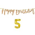 5th Happy Birthday Decoration Kit Rose Gold for 5 Year Old Boys Girls Baby with Number Five Decorations Decor Celebration Items Item Set Combo Reusable Cursive Banner