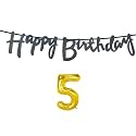 5th Happy Birthday Decoration Kit Black for 5 Year Old Boys Girls Baby with Number Five Decorations Decor Celebration Items Item Set Combo Reusable Cursive Banner
