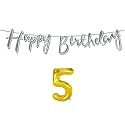 5th Happy Birthday Decoration Kit Silver for 5 Year Old Boys Girls Baby with Number Five Decorations Decor Celebration Items Item Set Combo Reusable Cursive Banner