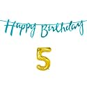 5th Happy Birthday Decoration Kit Blue for 5 Year Old Boys Girls Baby with Number Five Decorations Decor Celebration Items Item Set Combo Reusable Cursive Banner
