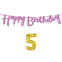5th Happy Birthday Decoration Kit Dark Pink for 5 Year Old Boys Girls Baby with Number Five Decorations Decor Celebration Items Item Set Combo Reusable Cursive Banner