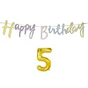 5th Happy Birthday Decoration Kit Multicolour for 5 Year Old Boys Girls Baby Multicolor with Number Five Decorations Decor Celebration Items Item Set Combo Reusable Cursive Banner