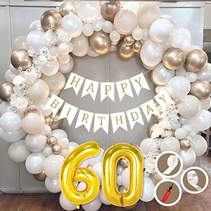 60th birthday decoration items for white and gold theme combination for boys girls  50 pc golden white orange balloon  white birthday banner  balloon pump  arch tape  glue dots