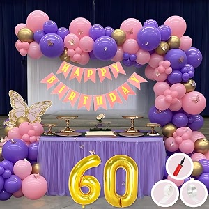 60th birthday decoration items for pink and purple theme combination for girls princes  50 pcs pink purple gold balloon  pink birthday banner  balloon pump  arch tape  glue dots