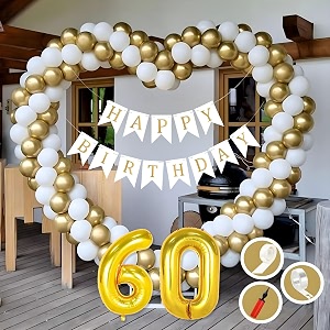 60th birthday decoration items for golden and white theme combination for boys girls  50 pcs gold white balloon  white birthday banner  balloon pump  arch tape  glue dots