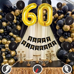 60th birthday decoration items for black and gold theme combination for boys girls  50 pcs black gold balloon  black birthday banner  balloon pump  arch tape  glue dots