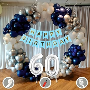 60th birthday decoration items for blue and white theme combination for boys girls  50 pcs blue white silver balloon  blue birthday banner  balloon pump  arch tape  glue dots