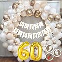 60th Birthday Decoration Items for White and Gold Theme Combination for Boys Girls | 50 Pc Golden White Orange Balloon | White Birthday Banner | Balloon Pump | Arch Tape | Glue Dots