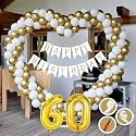 60th Birthday Decoration Items for Golden and White Theme Combination for Boys Girls | 50 Pcs Gold White Balloon | White Birthday Banner | Balloon Pump | Arch Tape | Glue Dots