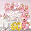 60th Birthday Decoration Items for Pink and White Theme Combination for Girls| 50 Pcs Pink White Gold Rose Gold Balloon| White Birthday Banner| Balloon Pump| Arch Tape| Glue Dots