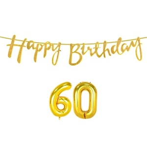 60th happy birthday decoration kit golden for 60 year old women adults with number sixty decorations decor celebration items item set combo reusable cursive banner