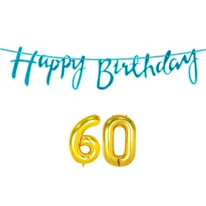 60th happy birthday decoration kit blue for 60 year old women adults with number sixty decorations decor celebration items item set combo reusable cursive banner