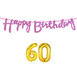 60th happy birthday decoration kit dark pink for 60 year old women with number sixty decorations decor celebration items item set combo reusable cursive banner