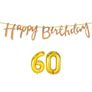 60th happy birthday decoration kit rose gold for 60 year old women with number sixty decorations decor celebration items item set combo reusable cursive banner