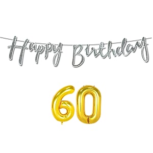 60th happy birthday decoration kit silver for 60 year old women with number sixty decorations decor celebration items item set combo reusable cursive banner
