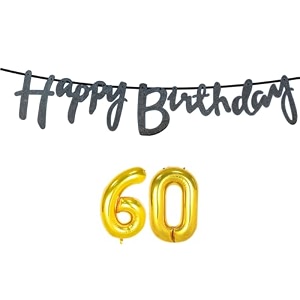 60th happy birthday decoration kit black for 60 year old women adults with number sixty decorations decor celebration items item set combo reusable cursive banner