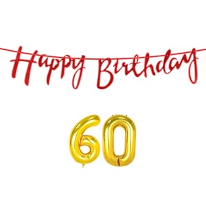 60th happy birthday decoration kit red for 60 year old women with number sixty decorations decor celebration items item set combo reusable cursive banner