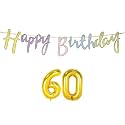 60th Happy Birthday Decoration Kit Multicolour for 60 Year Old Women Multicolor with Number Sixty Decorations Decor Items Item Set Combo Reusable Cursive Banner