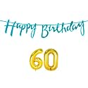 60th Happy Birthday Decoration Kit Blue for 60 Year Old Women Adults with Number Sixty Decorations Decor Celebration Items Item Set Combo Reusable Cursive Banner