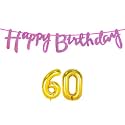 60th Happy Birthday Decoration Kit Dark Pink for 60 Year Old Women with Number Sixty Decorations Decor Celebration Items Item Set Combo Reusable Cursive Banner