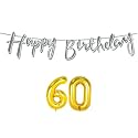 60th Happy Birthday Decoration Kit Silver for 60 Year Old Women with Number Sixty Decorations Decor Celebration Items Item Set Combo Reusable Cursive Banner