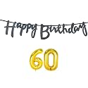 60th Happy Birthday Decoration Kit Black for 60 Year Old Women Adults with Number Sixty Decorations Decor Celebration Items Item Set Combo Reusable Cursive Banner