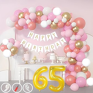 65th birthday decoration items for pink and white theme combination for girls 50 pcs pink white gold rose gold balloon white birthday banner balloon pump arch tape glue dots